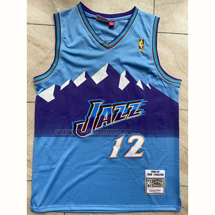 Camiseta John Stockton NO 12 Utah Jazz Mitchell & Ness 1996-97 Azul